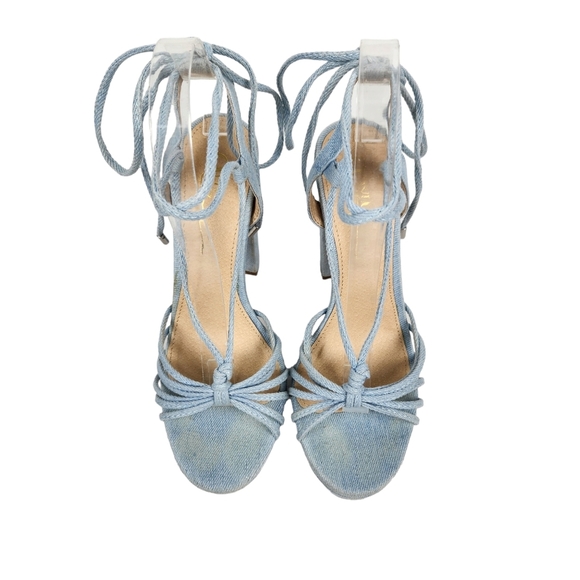 Olivia Ferragamo Hoover Blue Denim Fabric Lace Up Block Heels Women's Size 6.5 - Picture 9 of 13